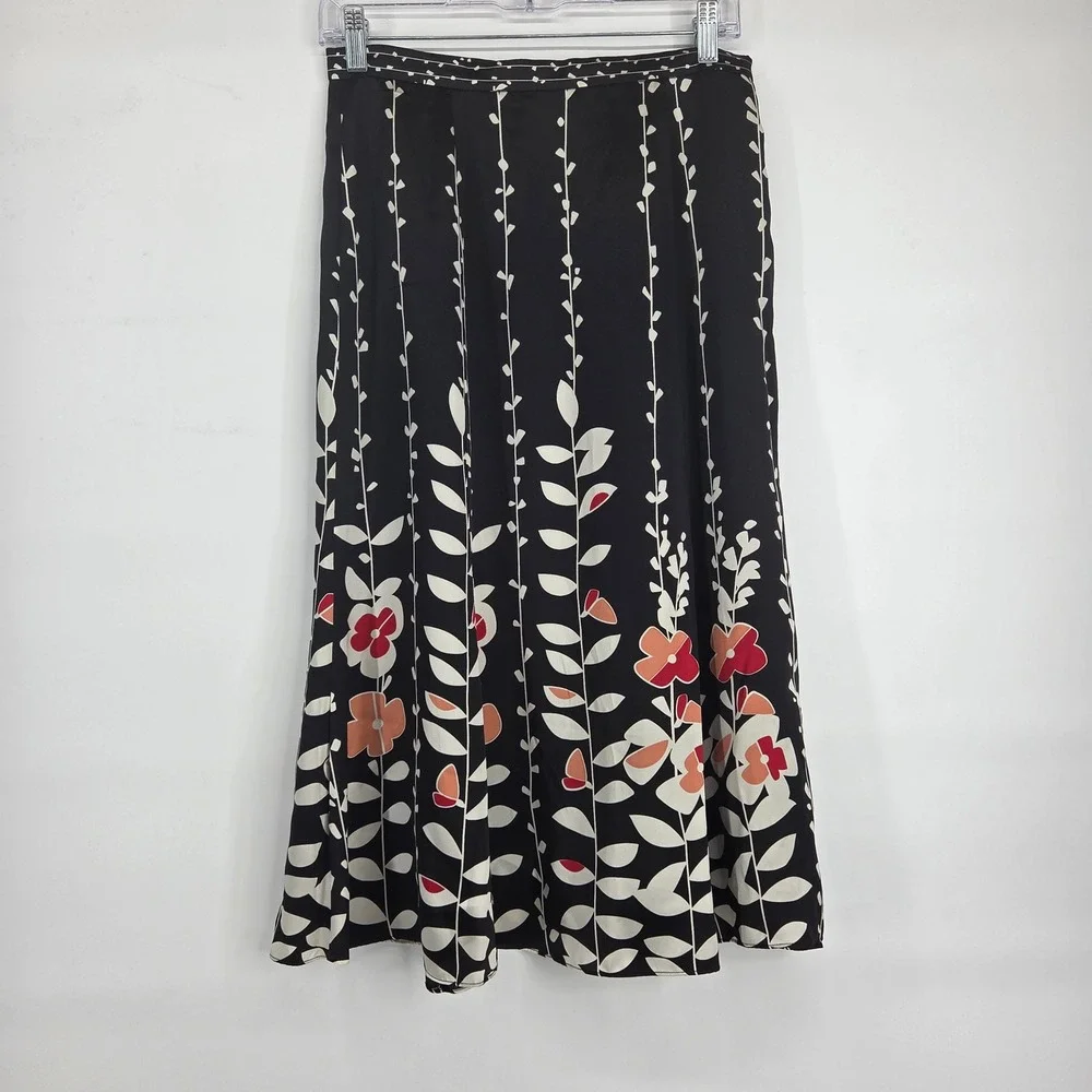 Talbots Silk Midi Skirt 4 Black Floral Art-Inspired Boho Cottagecore Vintage - Picture 3 of 8